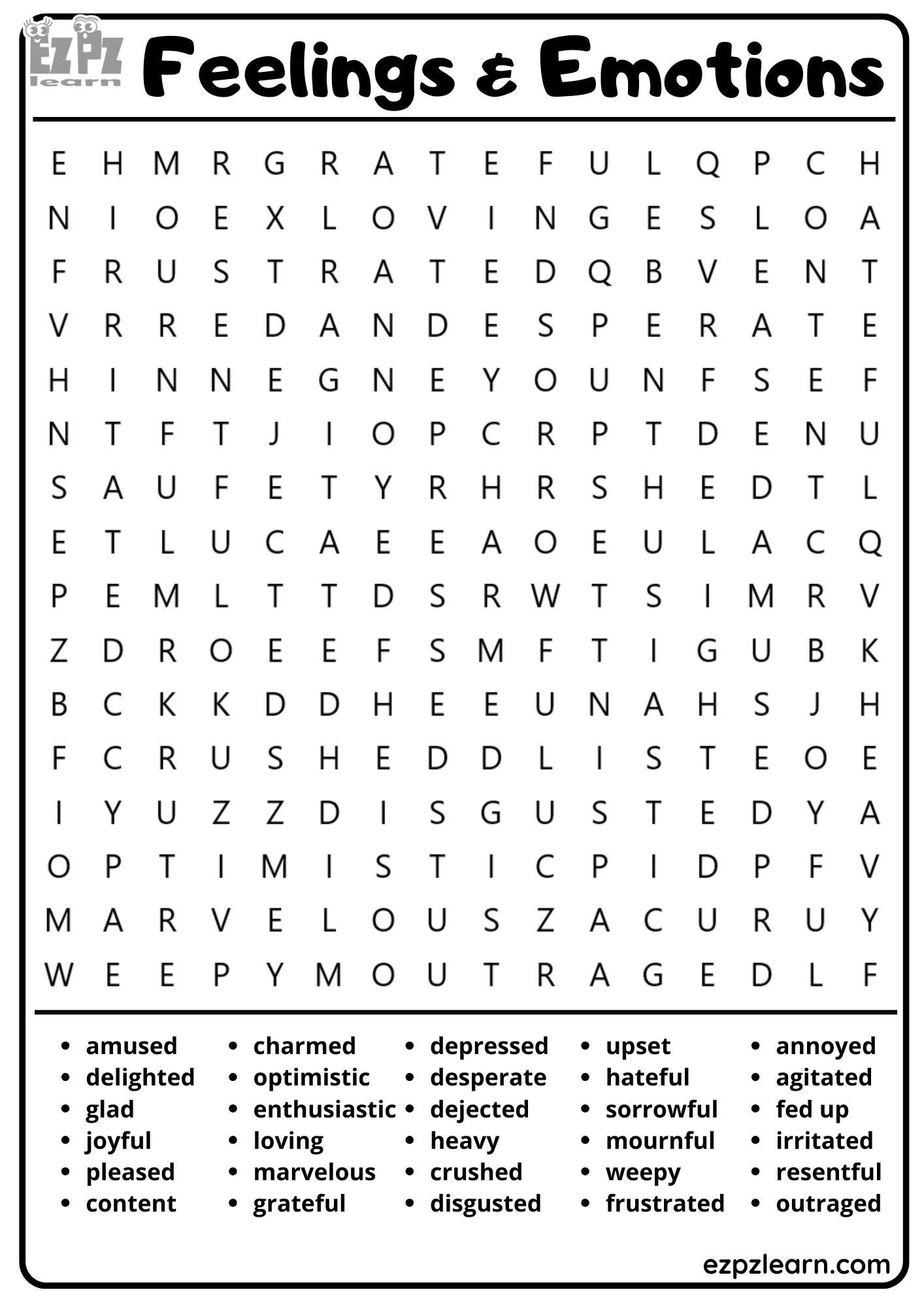 Feelings and Emotions Vocabulary Word Search for Adults and English